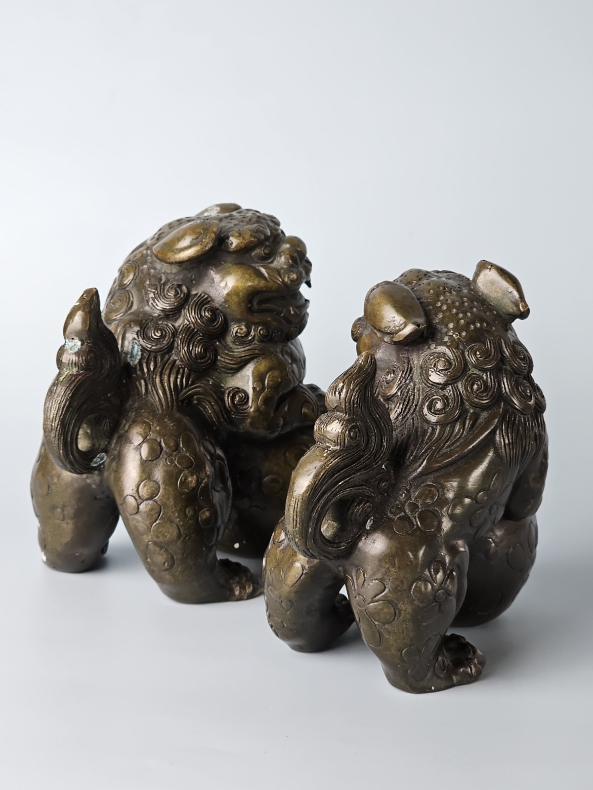 Vintage Asian Mythical Fu Foo Dog Guardian Lions Bronze Sculpture Marked