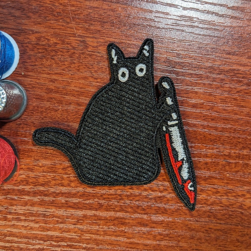 Scaredy Black Cat Patch with Bloody Dagger Embroidered Iron On Patch 3x2.5"