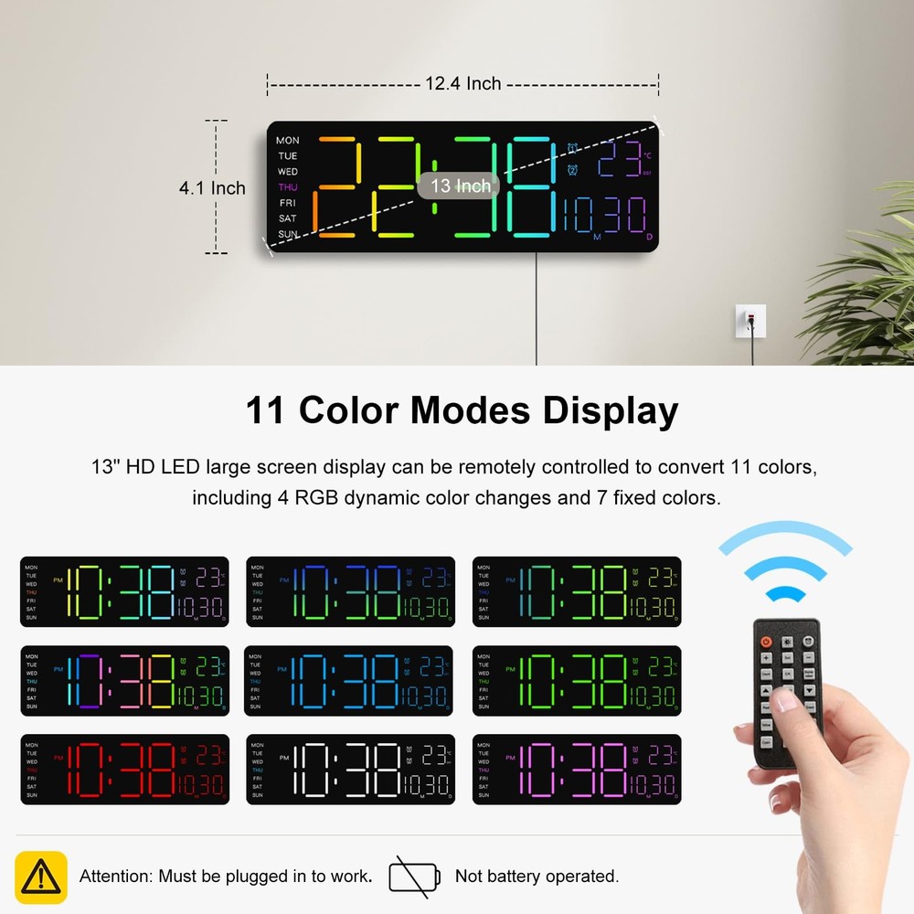 LED Digital Clock Large Display with RGB Color Remote Control, 13" Large Digi...