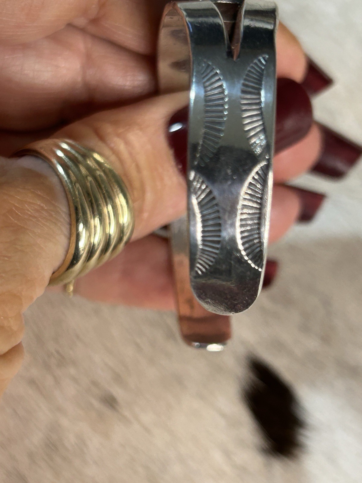 Turquoise & Sterling Silver Cuff Bracelet with Designs. Unmarked But Tested. 7"