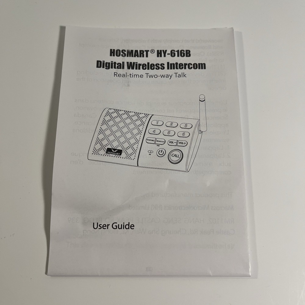 Hosmart HY616B Full Digital Wireless Real-time Two-Way Intercom System