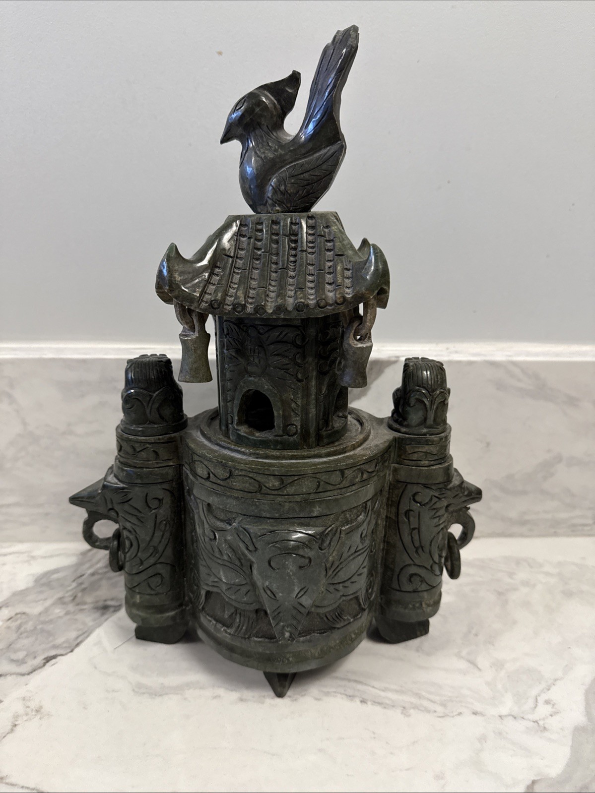 Large Vintage Chinese Deep Green Nephrite Jade Incense Burner 14”