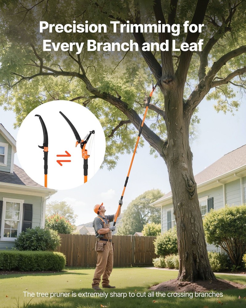 8-Section Adjustable 4.46-26.4ft Pole Saw with Pruning Scissors and Dual Hooks