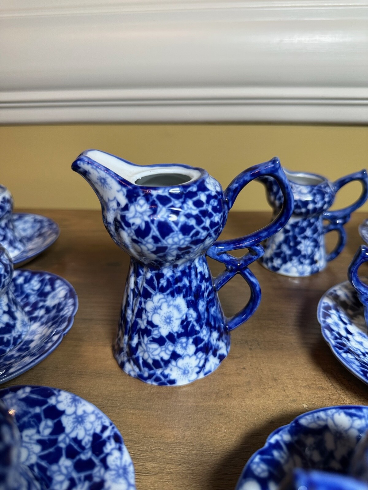 Victoria Ware Stoneware Small Tea Cups Saucers Sugar Creamer Cobalt Flue Floral