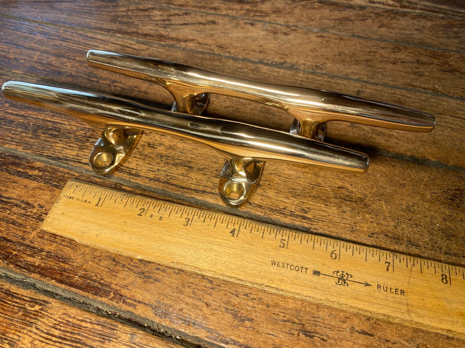 Pair Vintage Polished Bronze 8" Herreshoff Style Cleats, Drawer/Door Handles