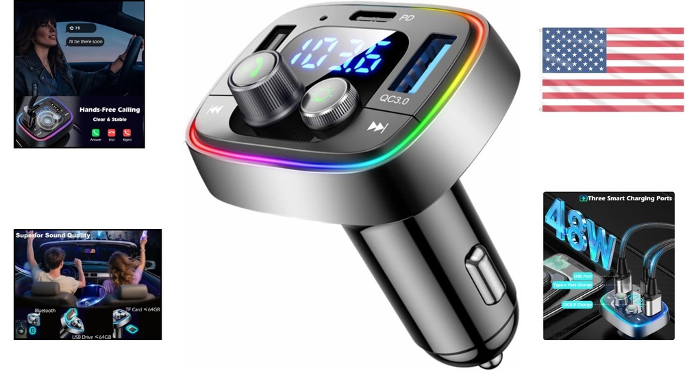 Bluetooth 5.4 Car Adapter: FM Transmitter & 48W Fast Charger with LED Lights