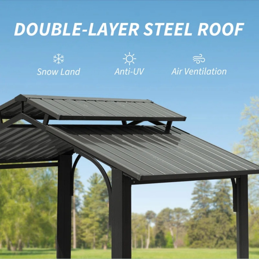Domi Hardtop Double Roof Grill Gazebo 8x5FT w/Galvanized Steel,Side Shelves,Grey