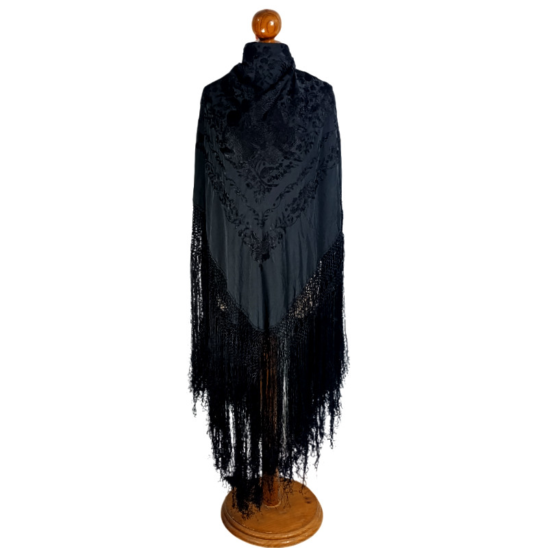 Antique Hand-Embroidered Silk Piano Shawl Wrap Floral Fringe 51" Vintage Luxury