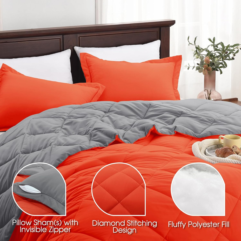 Queen Comforter Set - Orange Comforter Set Queen, Reversible Bed Comforter Queen