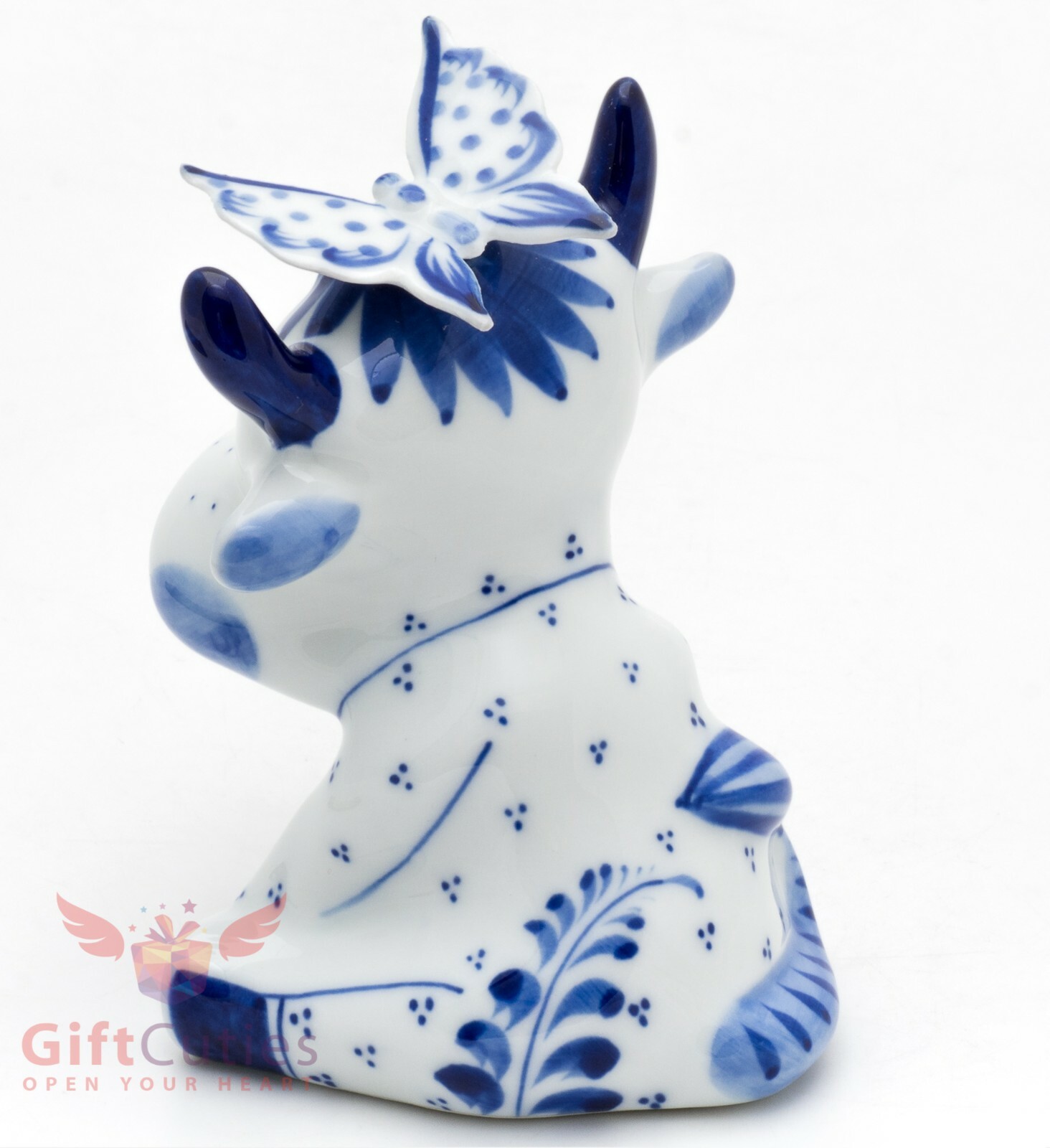 Bull calf cow Gavrusha with a butterfly collectible Gzhel Porcelain Figurine