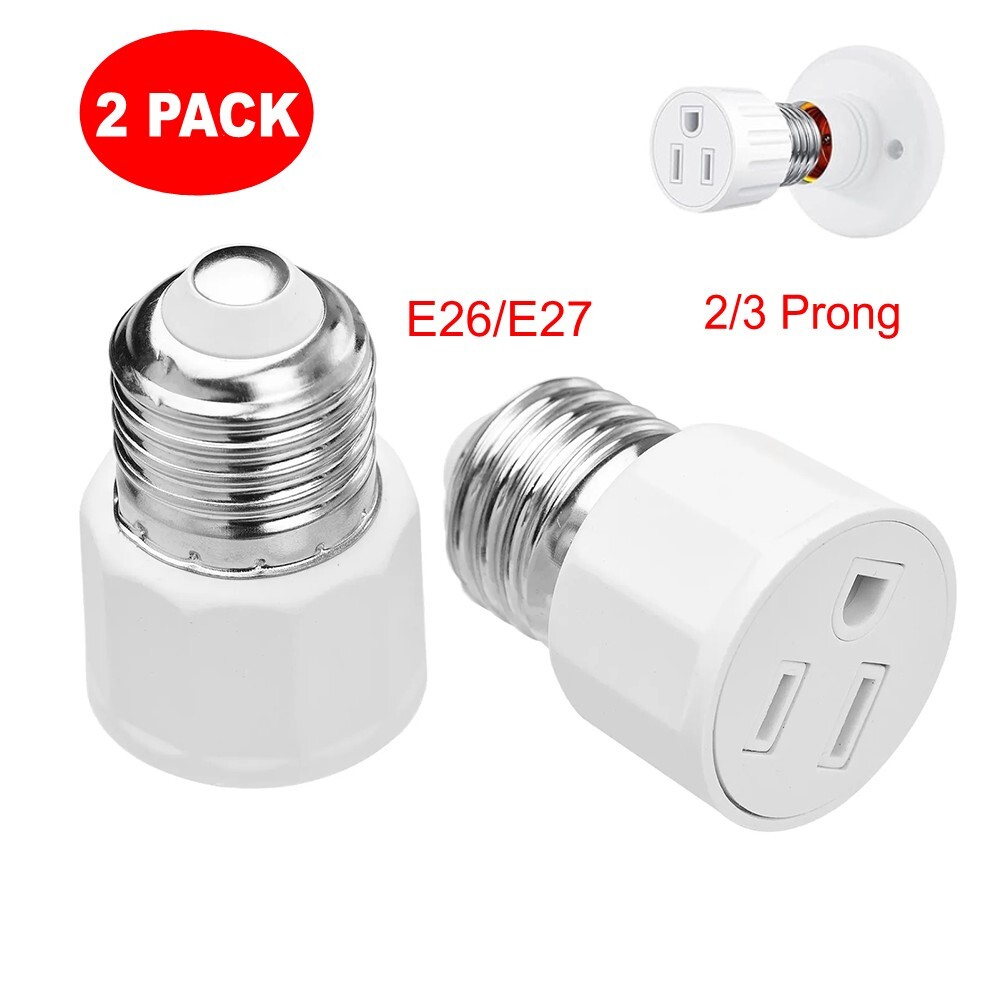 2 Pack E26/E27 2/3 Prong Light Socket to Plug Adapter Polarized Screw in Outlet