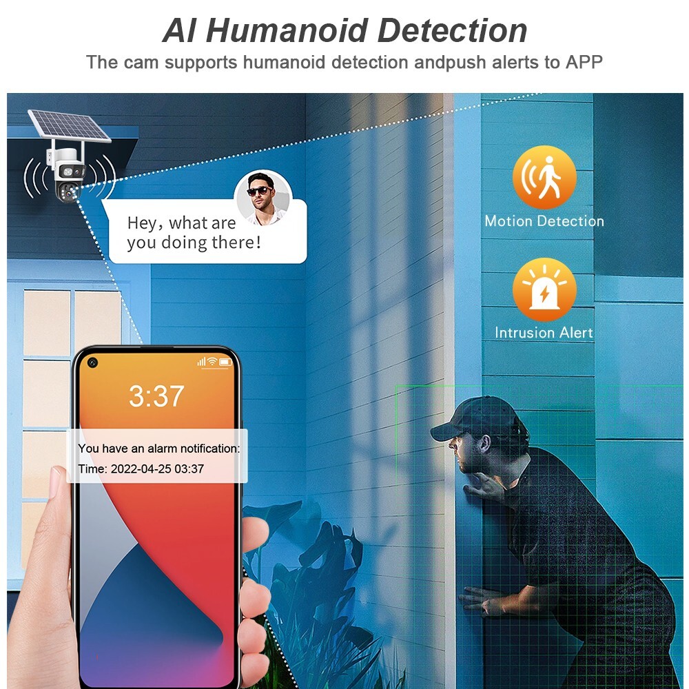 4MP WiFi Solar Battery Powered Wireless Security Camera Sys Outdoor PTZ Audio