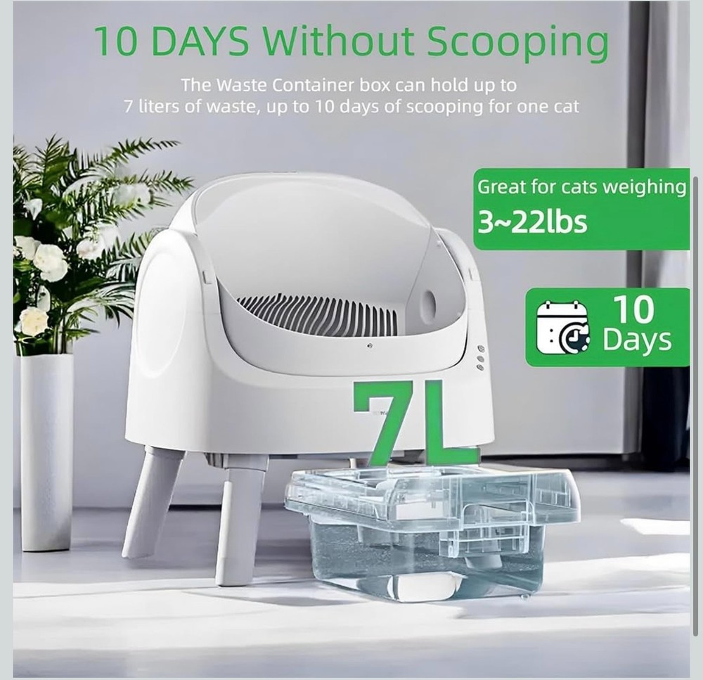 Automatic cleaning litter box, includes garbage bag and litter pad, white.