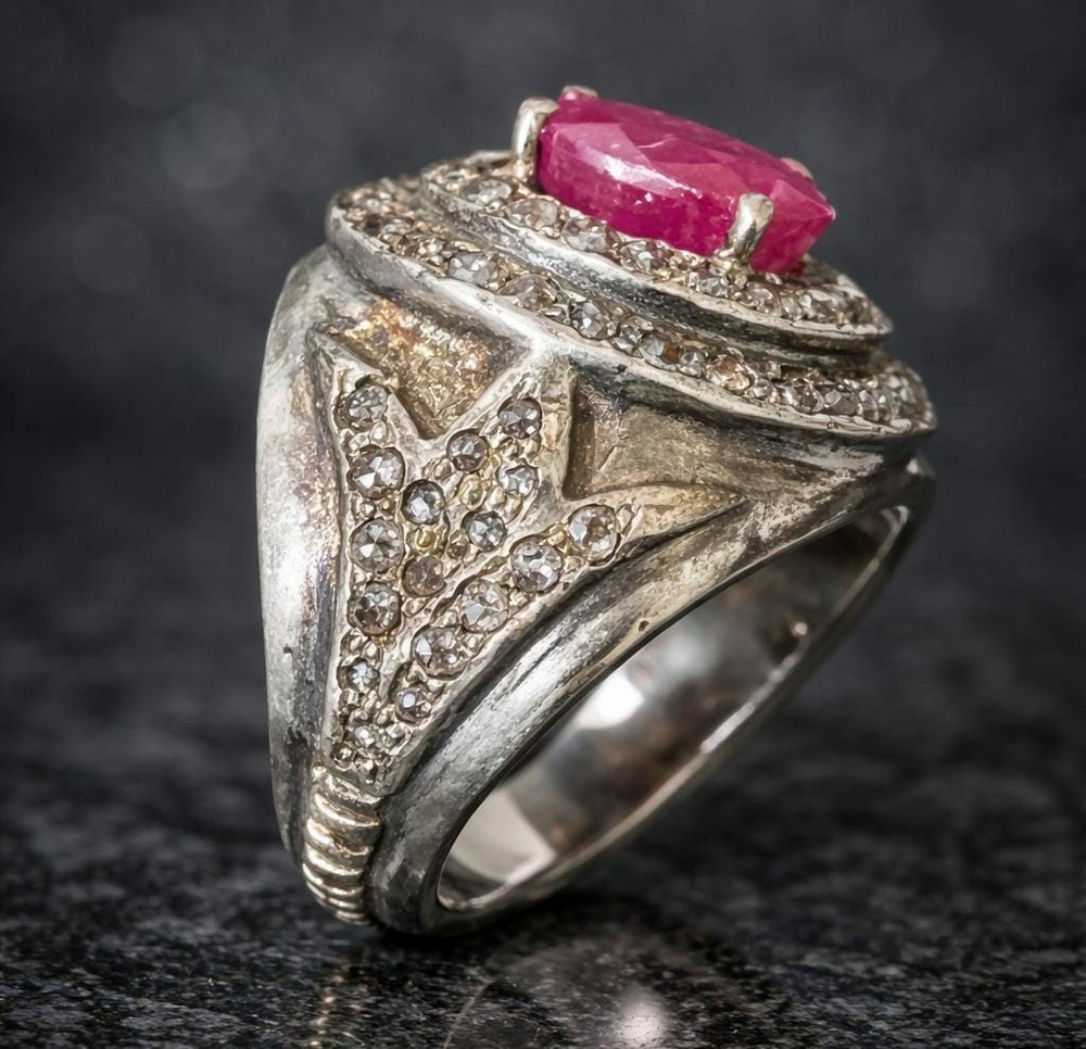 Rare Silver Ring with Natural Ruby Stone and Natural Diamonds – Size 20