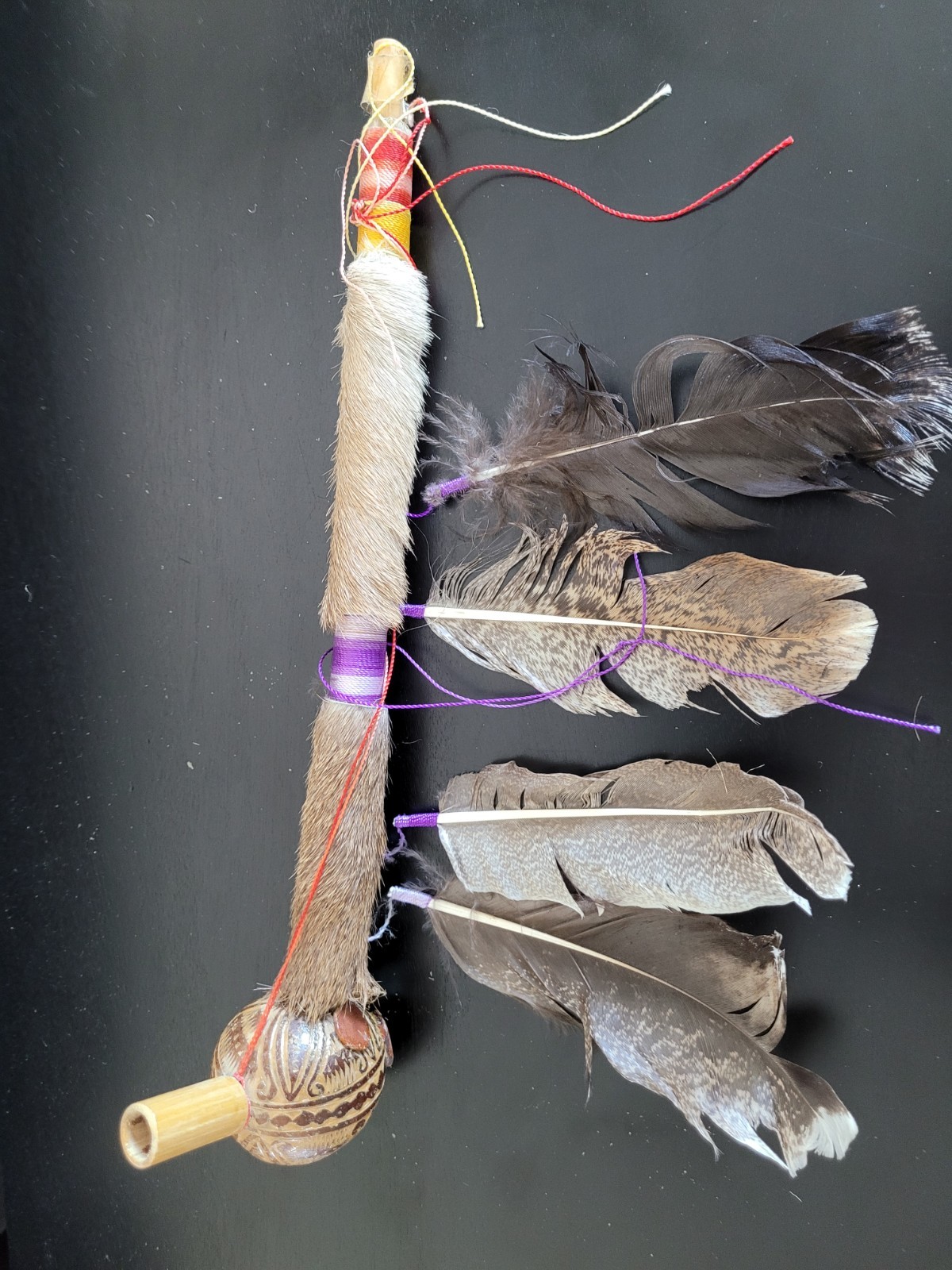 Vtg Native American Navajo Talking Ceremonial Stick Turkey Feather Deer Fur