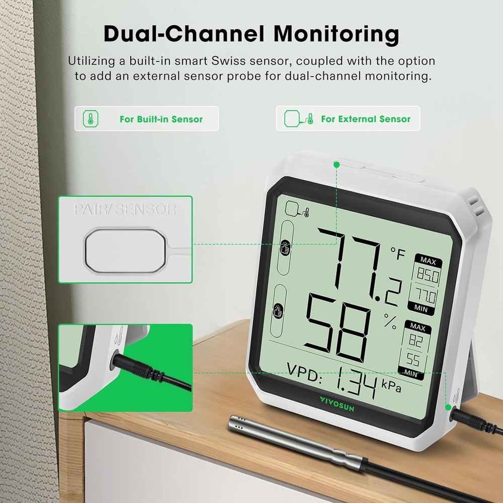 VIVOSUN Bluetooth Hygrometer Thermometer VPD Temp Humidity Meter w/ Sensor Probe