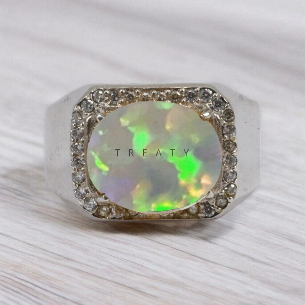 Opal Oval Cut Gemstone With 14K Solid White Gold Ring For Men's #189