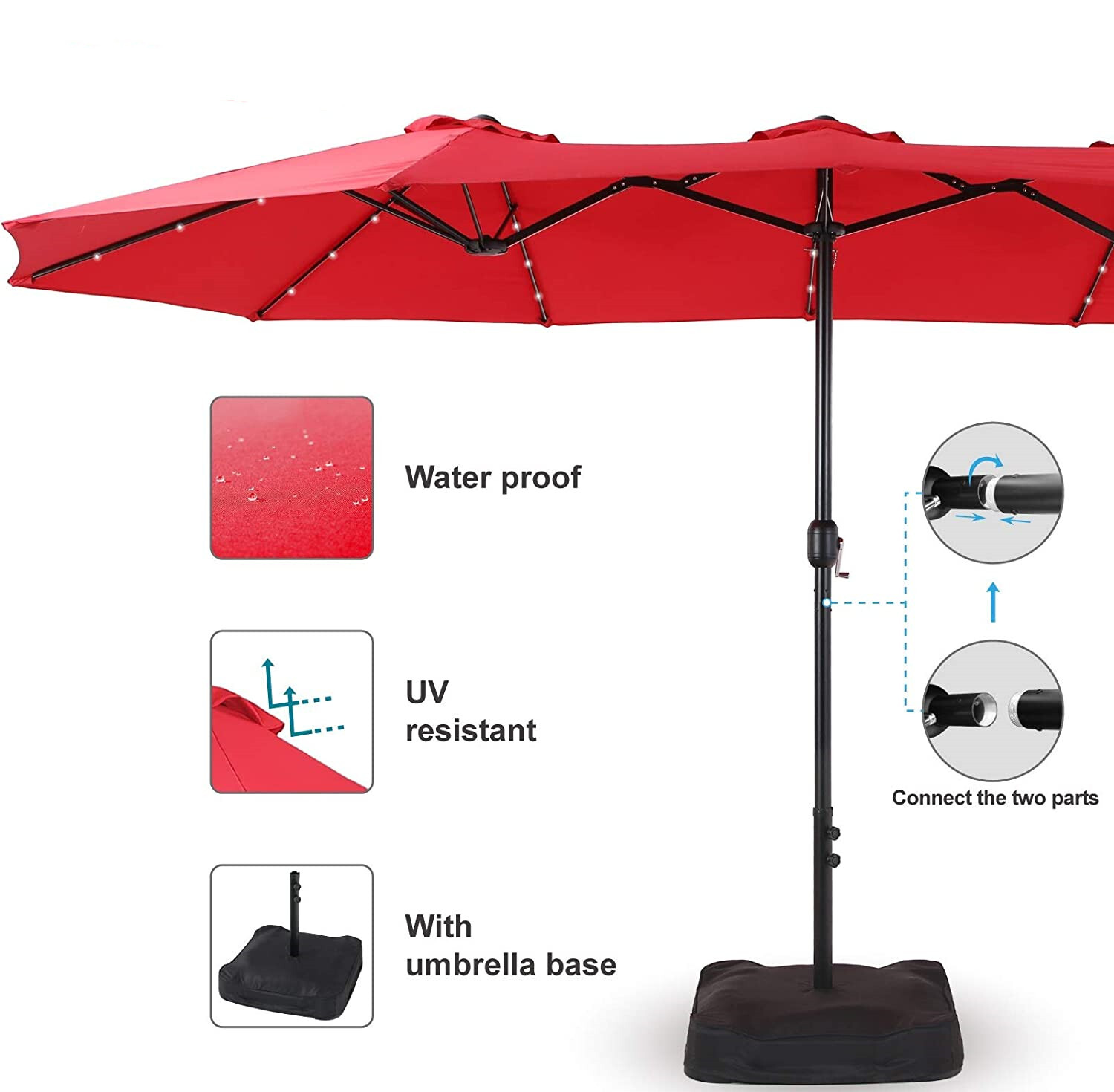 15FT Patio Umbrella Outdoor Double-Sided Umbrella with Solar Light 36 LED Lights