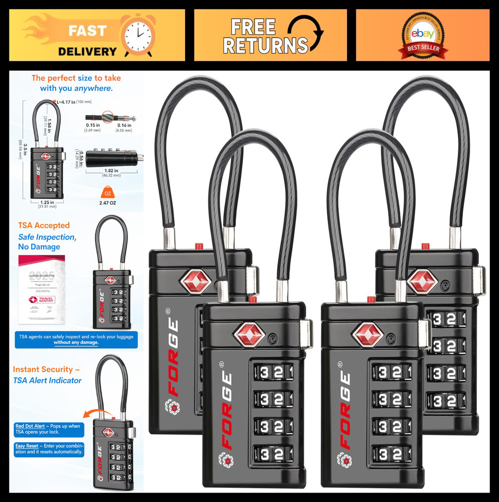 TSA Approved 4-Digit Combination Luggage Locks with Open Alert Indicator - 4 Pac