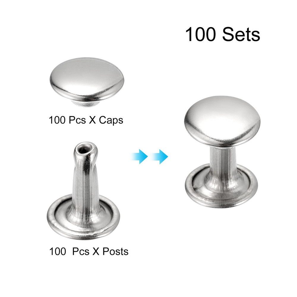 100 Sets Leather Rivets, 8mm Double Cap Rivets 10mm Height Studs, Silver Tone