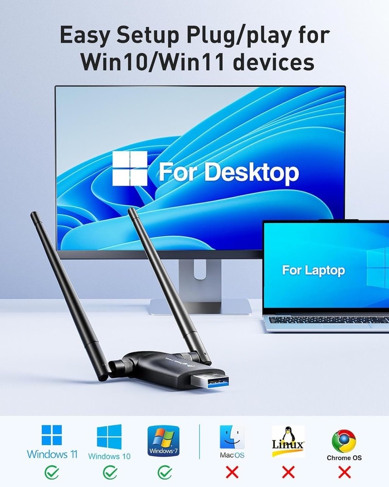 Fast 5GHz/2.4GHz Wireless USB Adapter - Windows Compatible