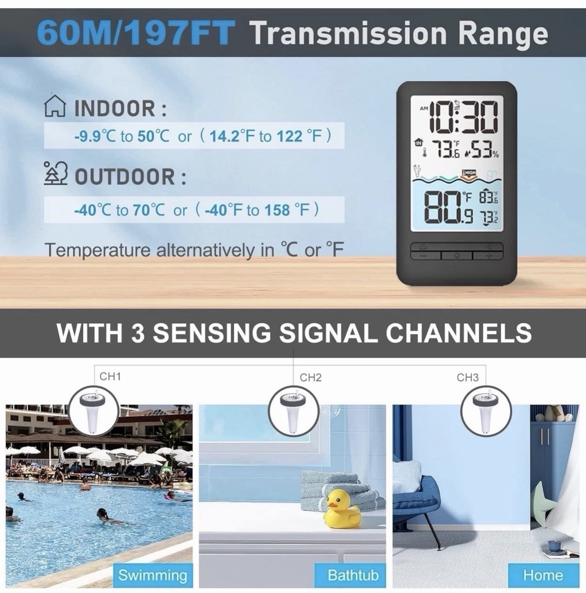 HEYAXA Wireless WiFi Pool Thermometer 4" Digital LCD Display Water Swimming Pool