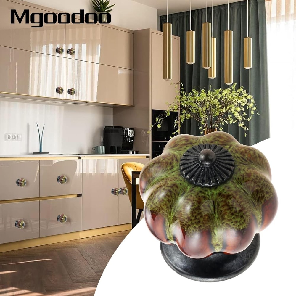 Rustic Green Pumpkin-Shaped Drawer Knobs - Handmade Ceramic Cabinet Pulls