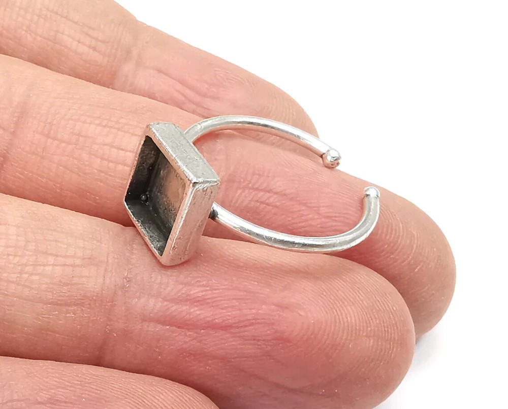 Square Silver Ring Setting Blank Cabochon Mounting Adjustable Base Bezel G27136