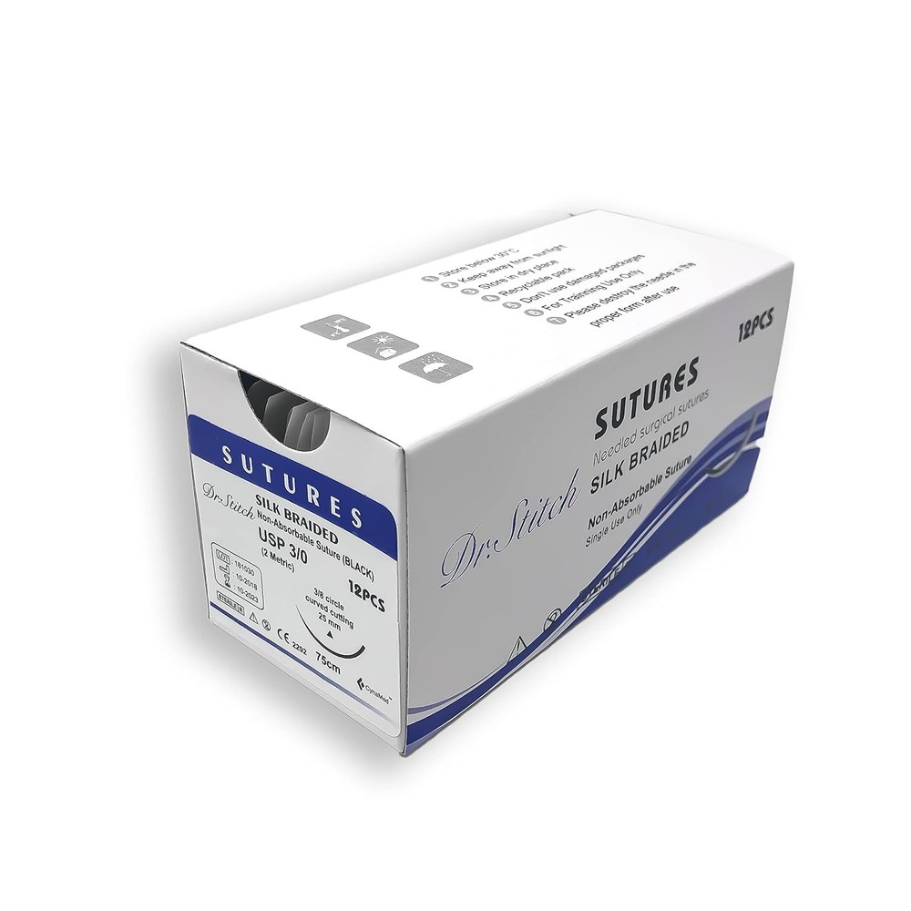CynaMed Suture Thread with Needle (12-Pack) – Black Training Sutures