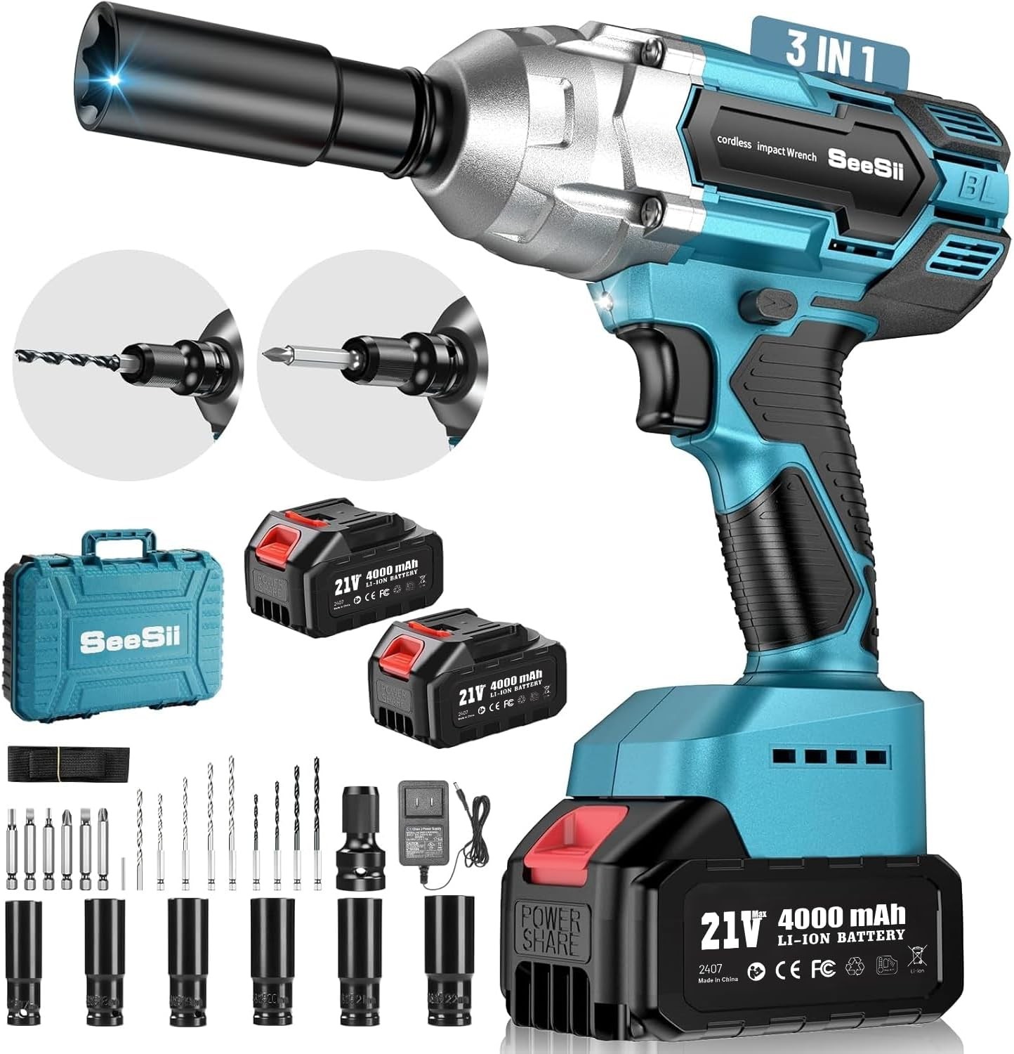 Seesii Cordless Impact Wrench 1/2" Torque 479 Ft-lbs(650Nm) Brushless Impact Gun