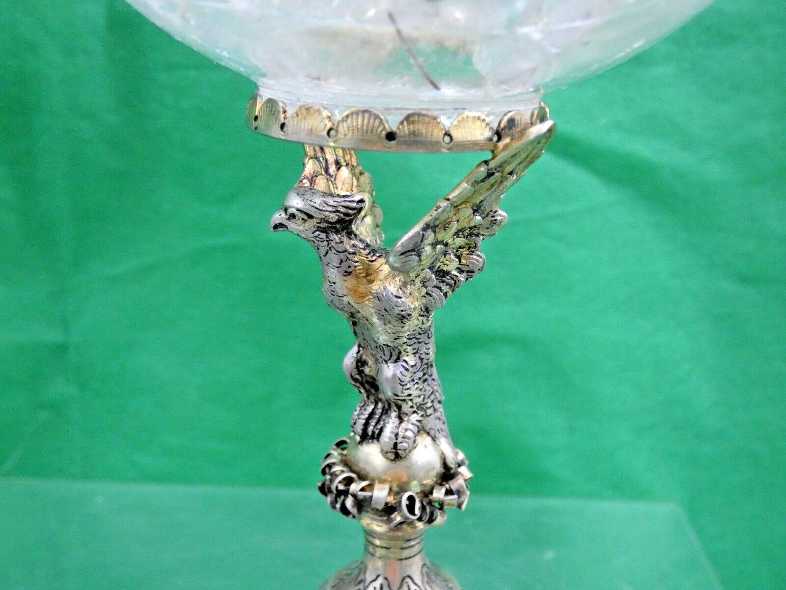 GORGEOUS SILVER - GILT / ROCK CRYSTAL TAZZA ANTIQUE GERMAN FIGURAL EAGLE LIZARD