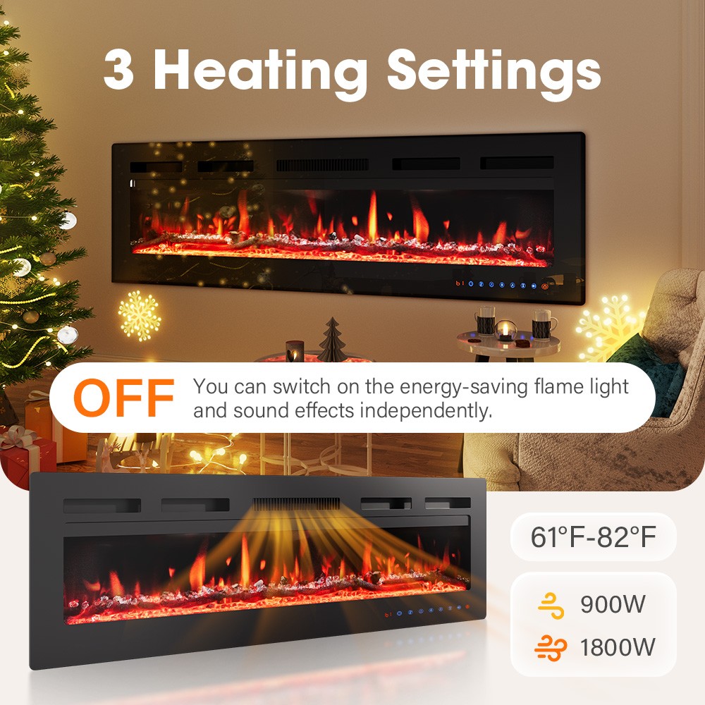 40/50/60" Electric Fireplace Recessed insert or Wall Mounted Standing Heater