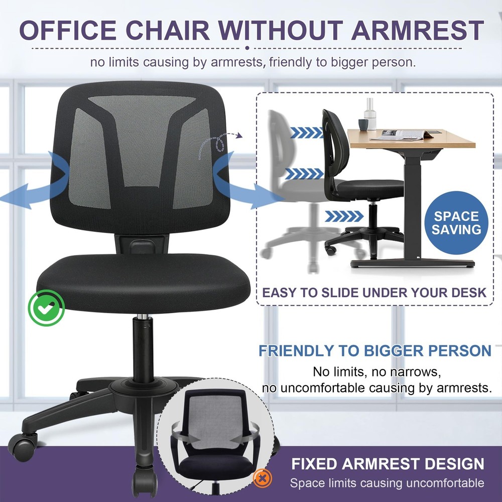 Armless Mid-Back Small Swivel Adjustable Computer Desk Office Chair Without A...