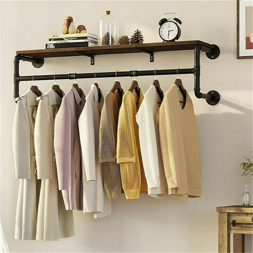 Clothes Rack w/ Top Shelf Industrial Pipe Wall Mounted Garment Rack Hanging Rail