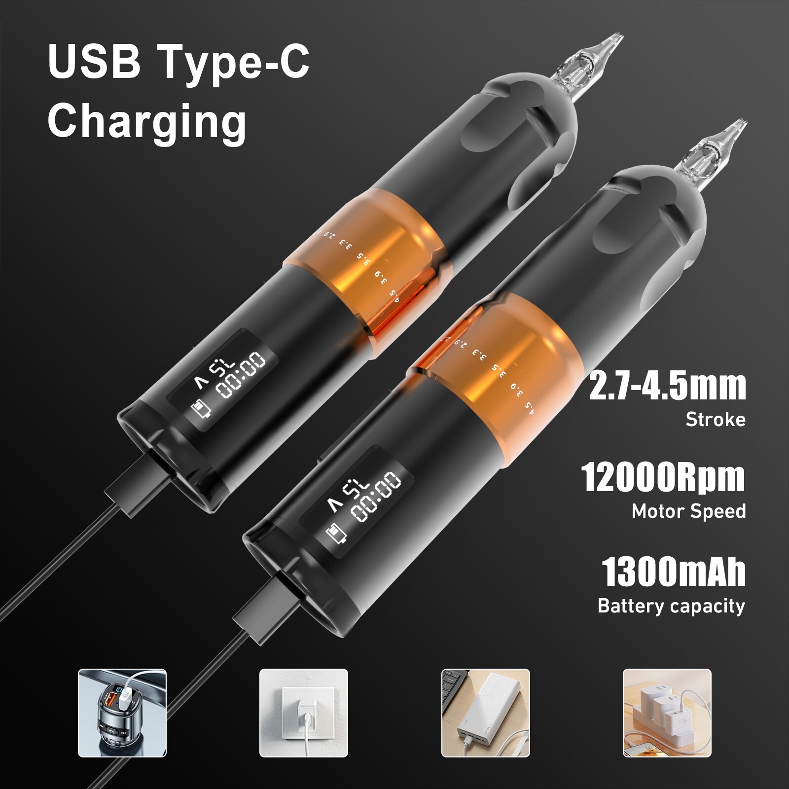 Professional Adjustable Stroke 2.7-4.5 Wireless Tattoo Machine Pen Kit 1300mAh