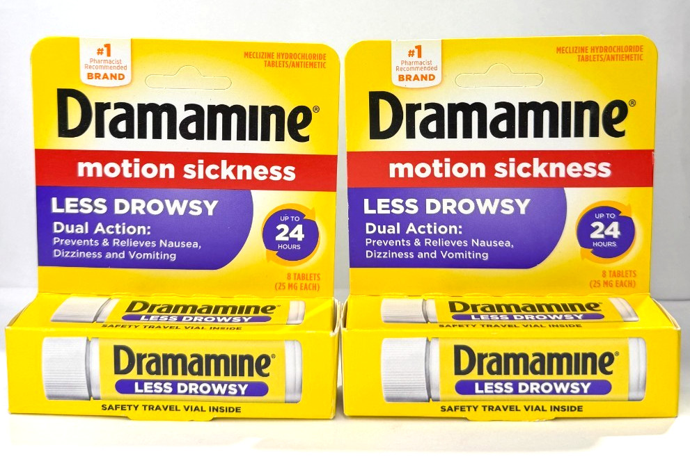 Dramamine Motion Sickness Relief Less Drowsey Formula,8 Count EXP:03/27+(Pack 2)