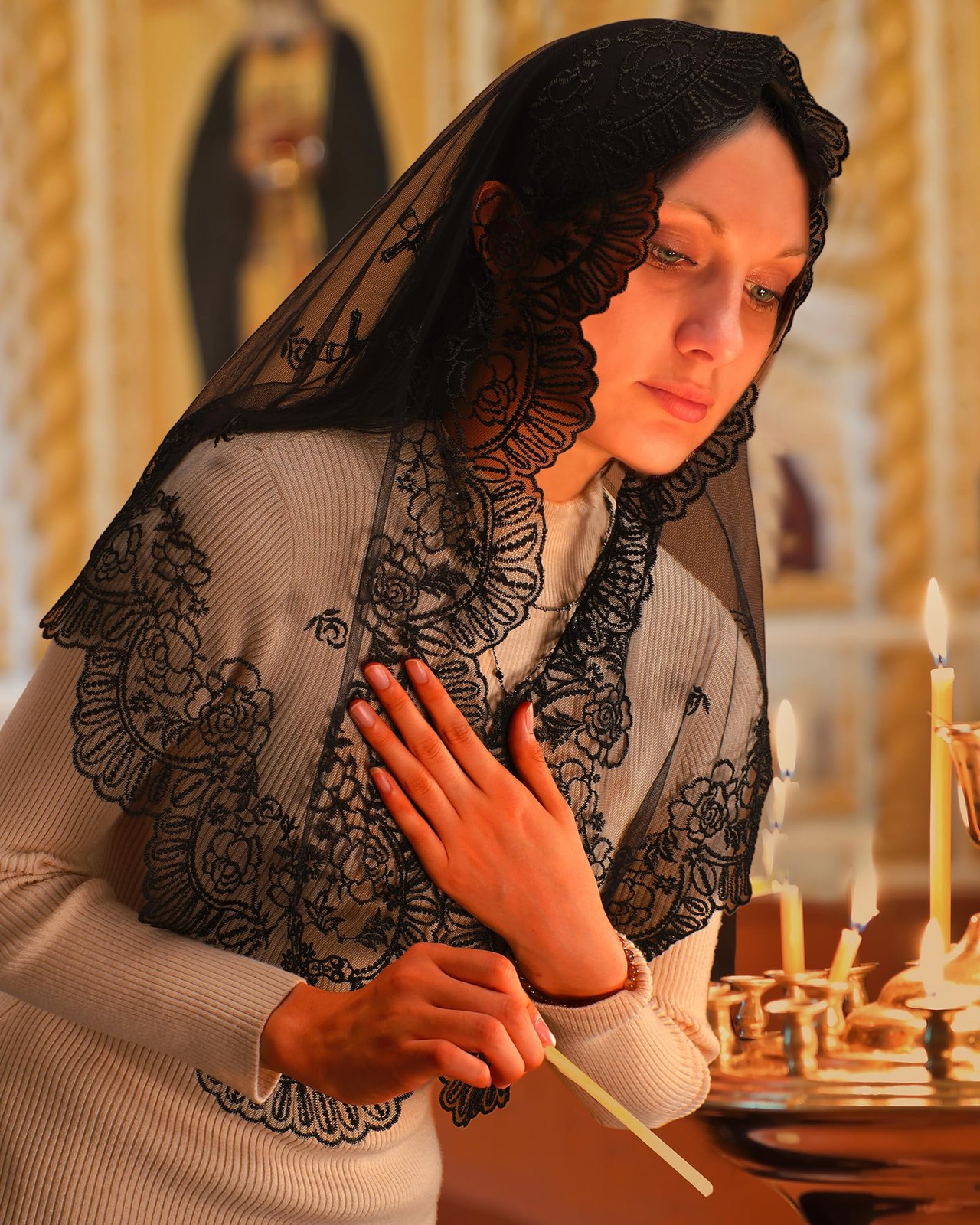 Mantilla Veils for Church Catholic, Triangle Black Seven Sorrows Sacred Heart...