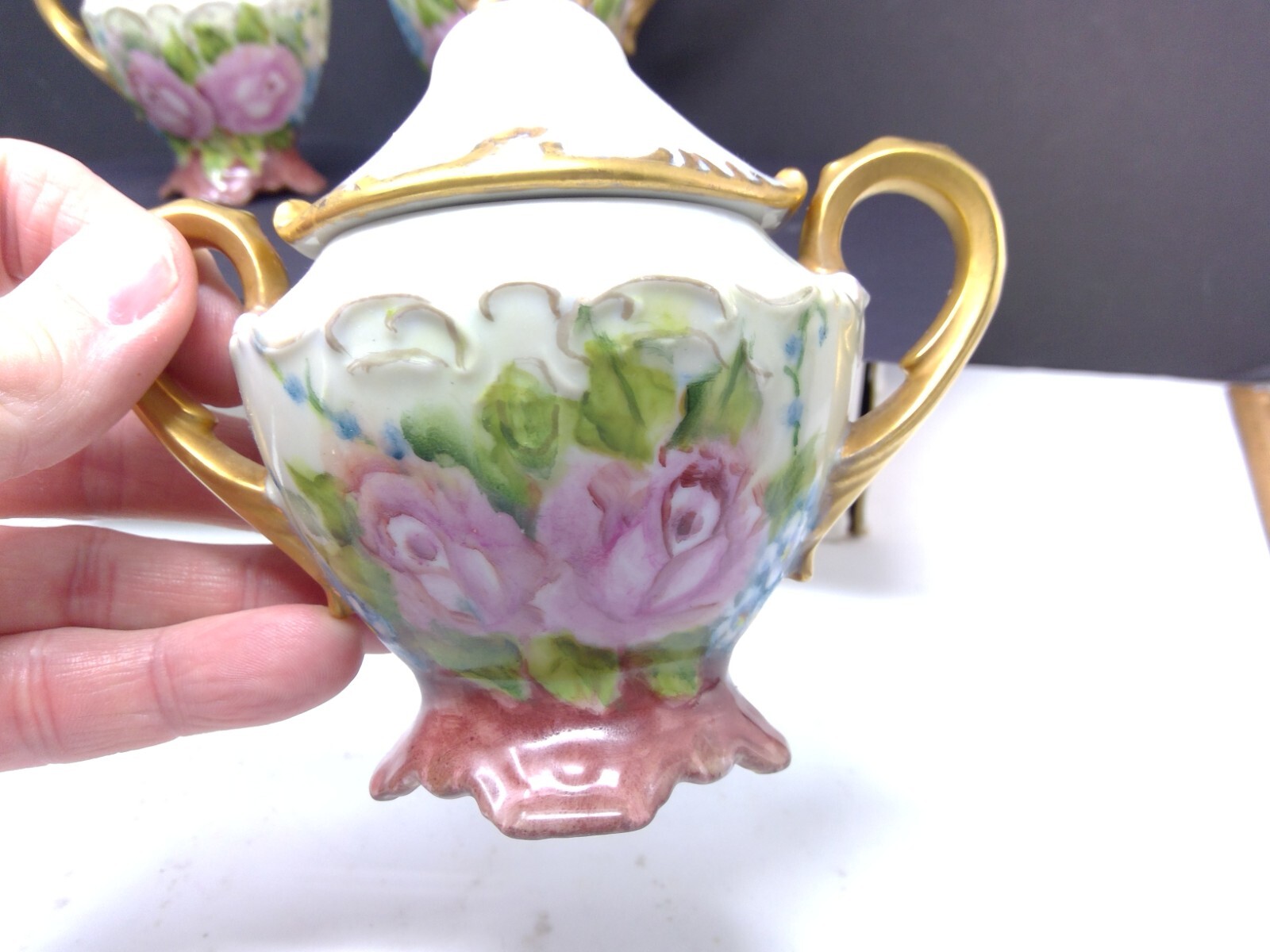 Vintage Gand Painted Roses Coffee Pot Creamer & Sugar Set
