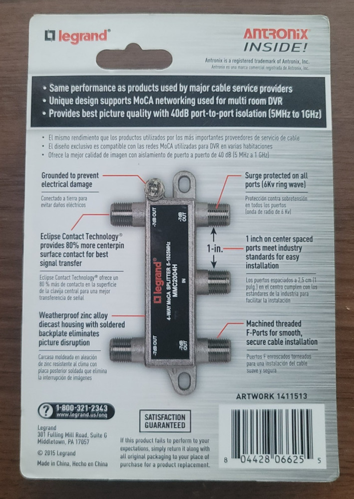 LEGRAND 4 WAY DIGITAL CABLE SPLITTER Pro Grade