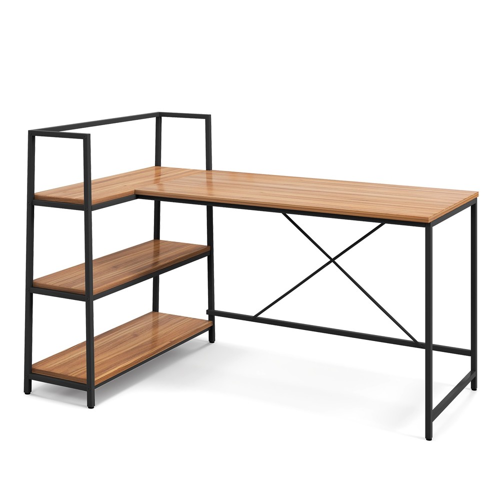 Reversible L Shaped Computer Desk Corner Workstation w/3-Tier Open Shelf Walnut