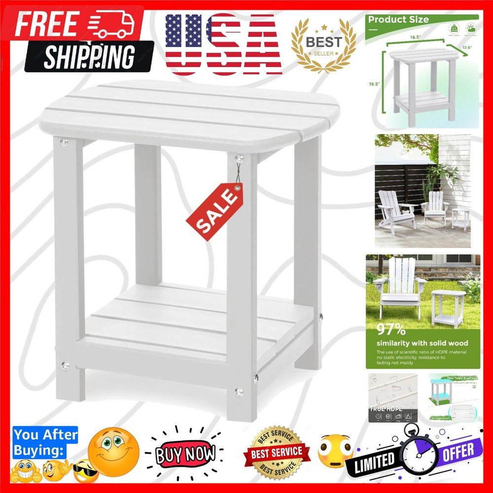 Adirondack Square Outdoor Side Table,2-Tier Storage Patio Side Table, HDPE En...