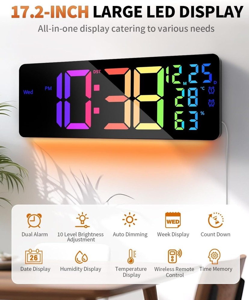 17.2" Large Digital Wall Mount Clock, Count Down Timer, Alarm, Big LED, 11 RG...