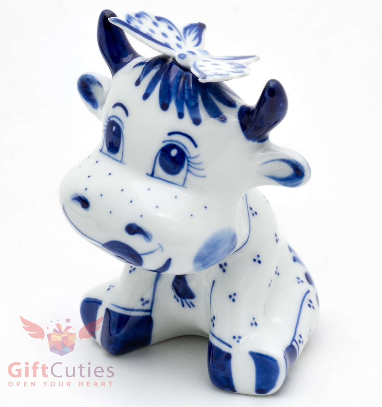 Bull calf cow Gavrusha with a butterfly collectible Gzhel Porcelain Figurine
