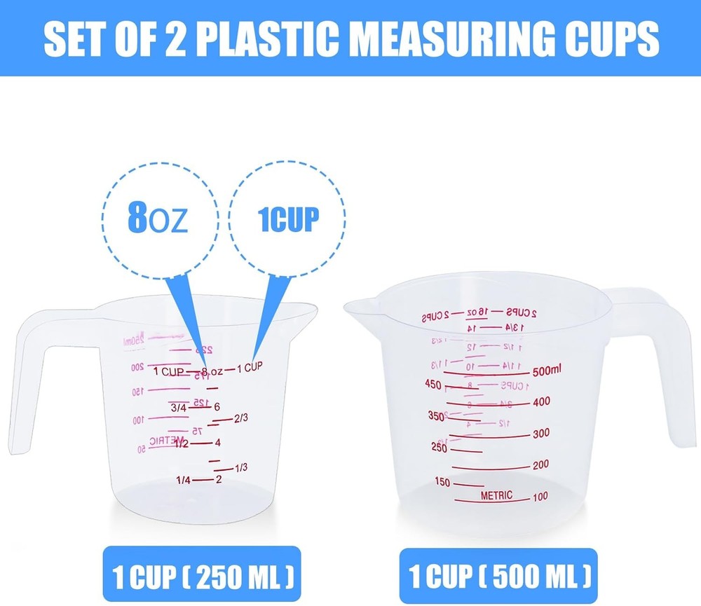 2 Pack Measuring Cup Set 250ml 500ml Plastic Kitchen Baking Cups Nested
