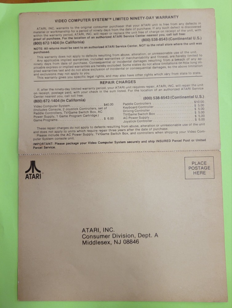 atari warranty 90 Day Mail Away insert