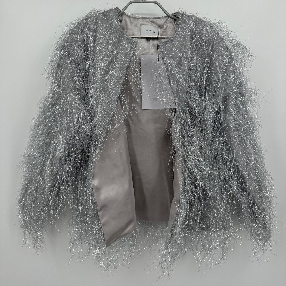 Sleeper Silver Disco Metallic Fringe Jacket size S-M Magnetic Closure Oversized