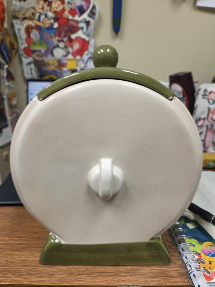 Ceramic Clock-Shaped Cookie Jar Face Pattern White Green Yellow Black