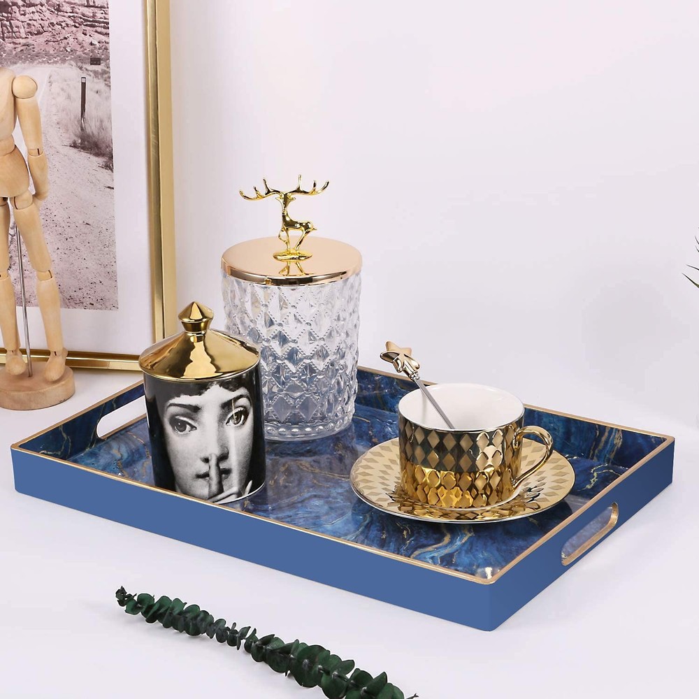 Decorative Tray Marbling Plastic Rectangular Vanity Serving 15.6x10.2 Blue