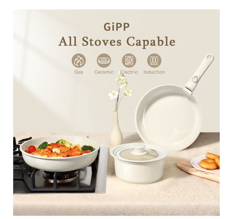 8pc Ceramic Nonstick Cookware Set Detachable Handle Induction Stackable