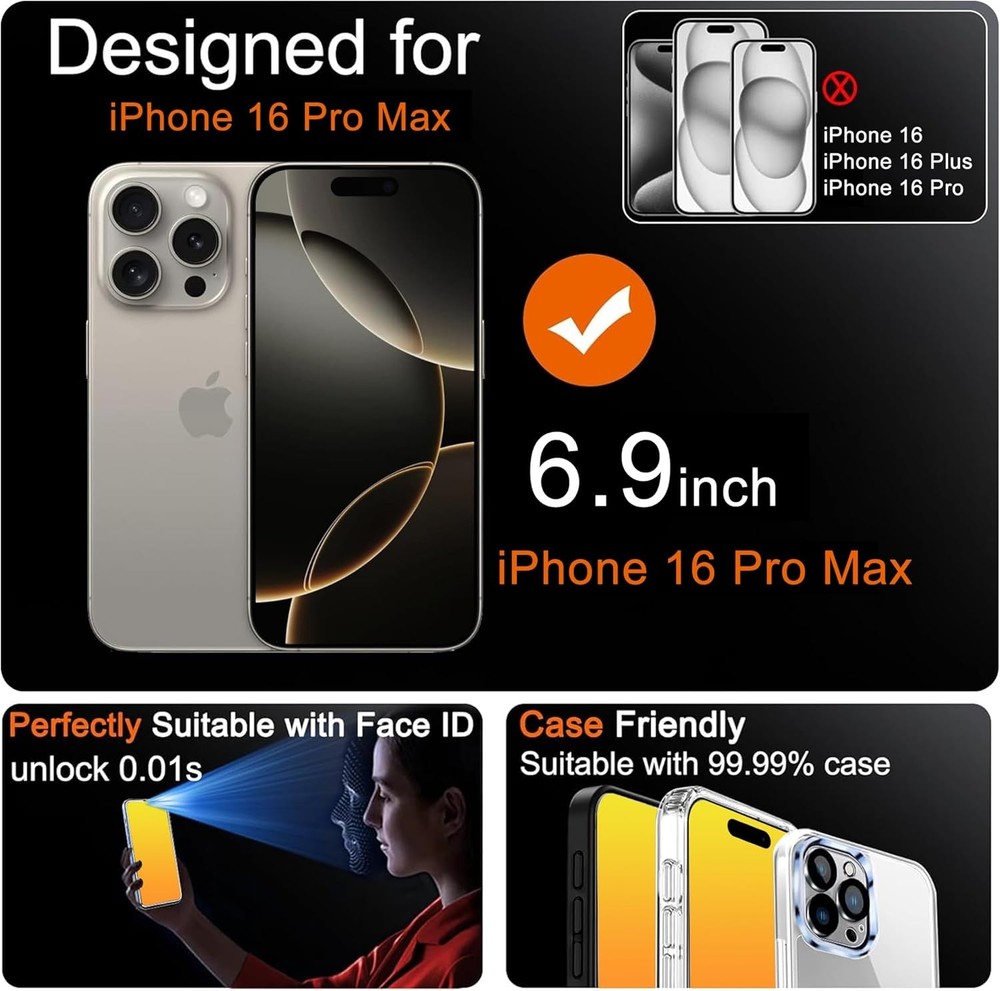 2 Pack for iPhone 16 Pro Max Privacy Screen 16 (Gold)